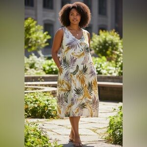 Orvis Classic Collection | Tropical Palm Leaf Midi Dress | Size XXL | Like New